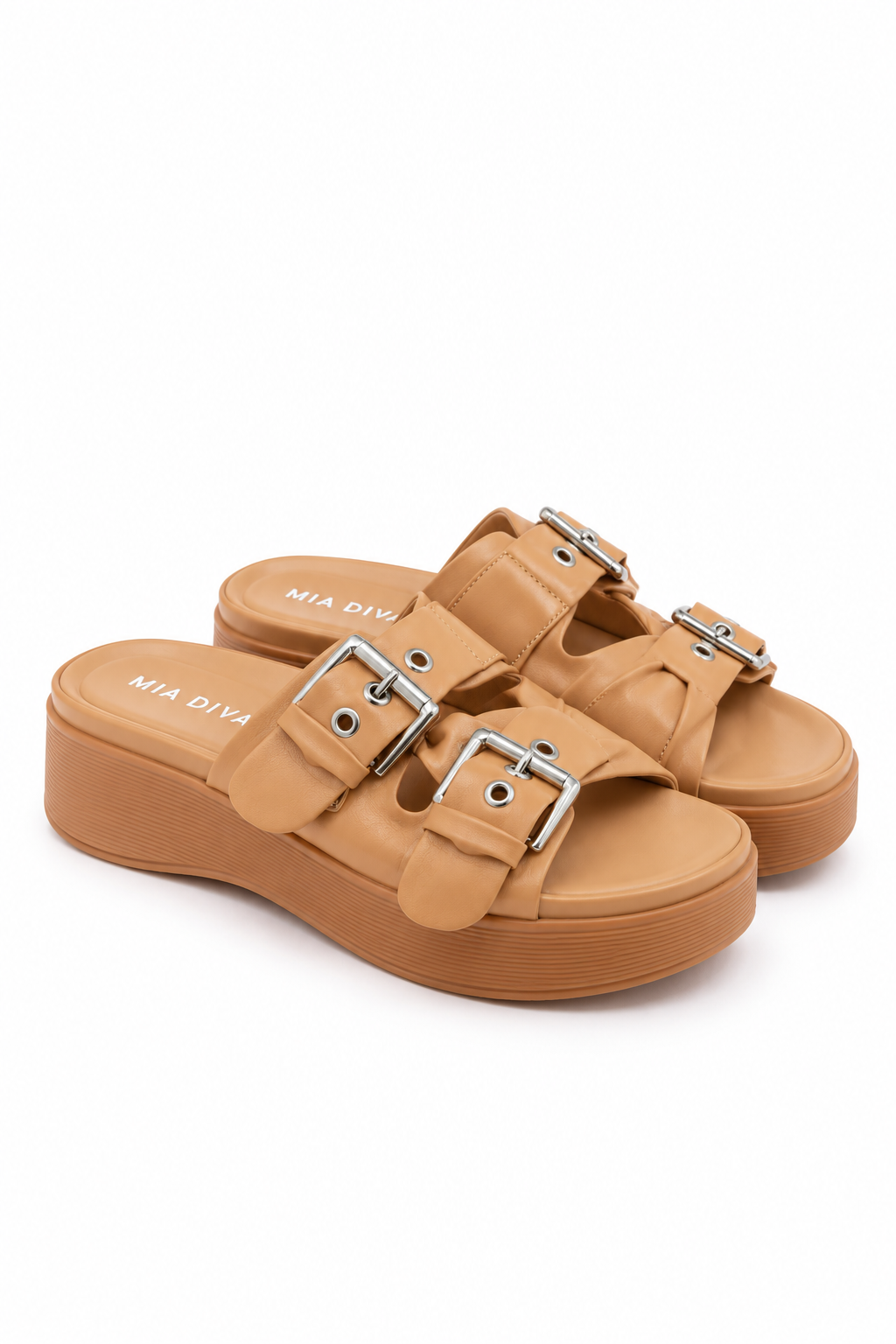Tan Double Buckle Platform Sandals
