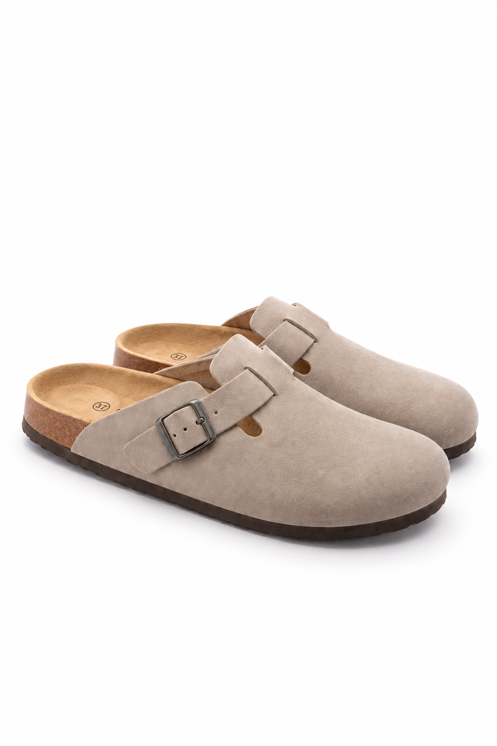Taupe Textured Buckle Clogs