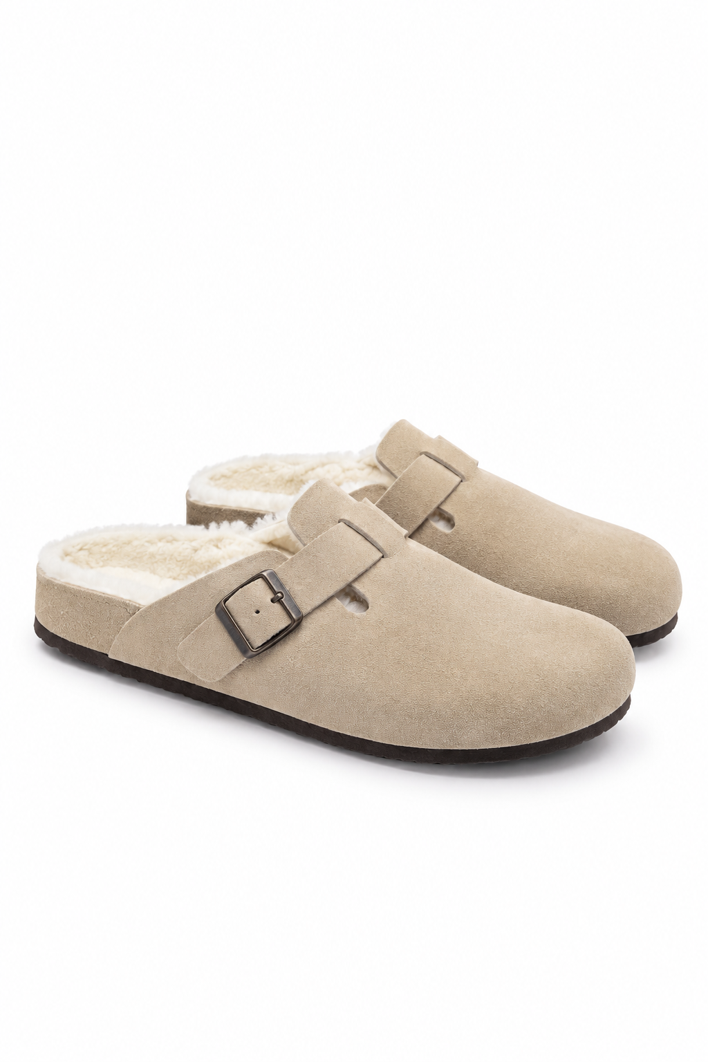 Beige Lined Buckle Clogs
