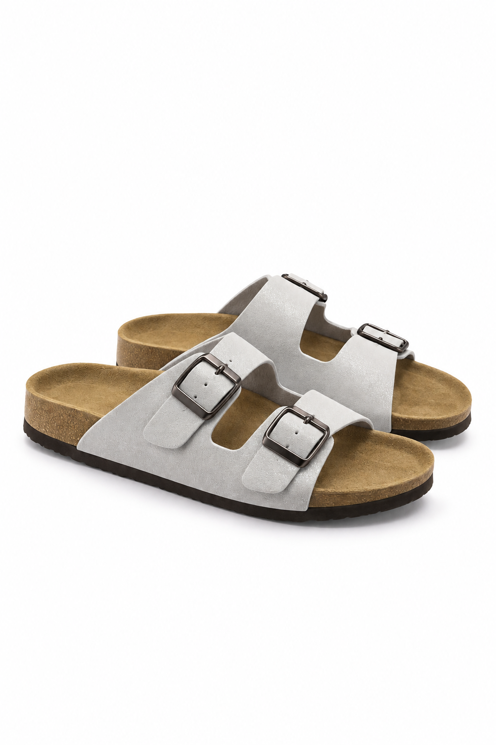 Grey White Buckle Slides